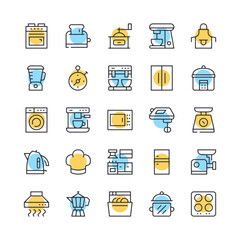Kitchen appliances line icons. Set of cooking appliances icons. Black, blue and yellow colors. Modern outline graphic design. Vector line icons set