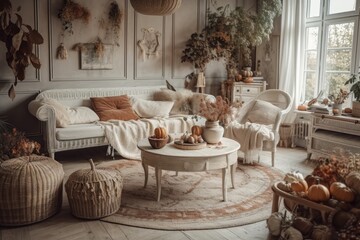 Fototapeta na wymiar Vintage white and beige living room closeup. Sofa, autumn themed rattan table. Boho chic, autumn decor,. Generative AI