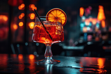 beautiful Red alcohol cocktail in with orange slice generative ai
