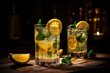 Mojito Lemonade cocktail with lemon and mint in glasses on the bar generative ai