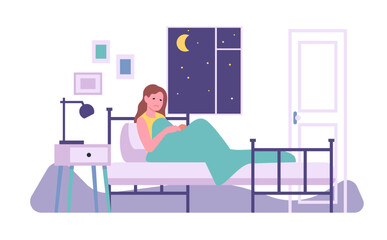 Young woman suffers from insomnia. Sleepy girl can not sleep. Asleep disorder. Unhappy person lying in bed. Problem with slumber. Nighttime resting. Dream deprivation. Vector concept