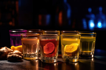 Antioxidant drink fresh ginger lemon honey glasses on the bar generative ai