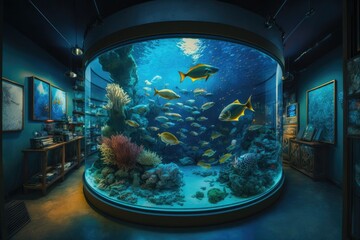 Public aquarium museum with fish and coral reef illustration