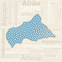 CAR map design. Country names in different languages and map shape with geometric low poly triangles. Stylish vector illustration of CAR.