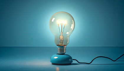 light bulb on blue background separated and alone in the frame - generative ai