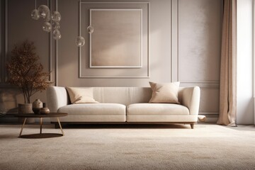 Blurred backdrop, exquisite living room front view, wallpaper, carpet, and fabric couch. Classic minimalism,. Generative AI