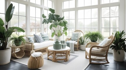 Serene Botanical Sunroom Haven: A Lush and Relaxing Indoor Garden Room - obrazy, fototapety, plakaty