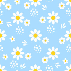Chamomile seamless pattern. Daisy girl print, springtime flowers trendy fabric texture. Decorative spring summer flower, nowaday vector background