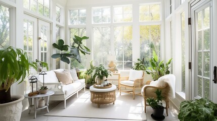 Serene Botanical Sunroom Haven: A Lush and Relaxing Indoor Garden Room - obrazy, fototapety, plakaty
