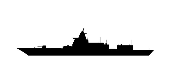 Warship black shape isolated on a white background. Naval ship silhouette from the side view.