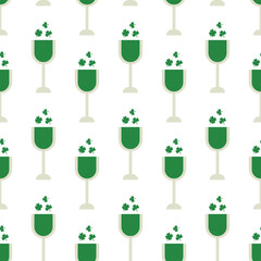 Saint Patrick's Day vector seamless pattern with green glass of wine clover. Irish background for print, textile, wrapping paper, fabric