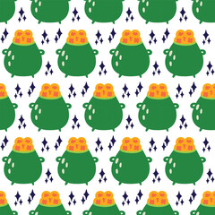 Saint Patrick's Day vector seamless pattern with pot leprechaun. Irish background for print, textile, wrapping paper, fabric