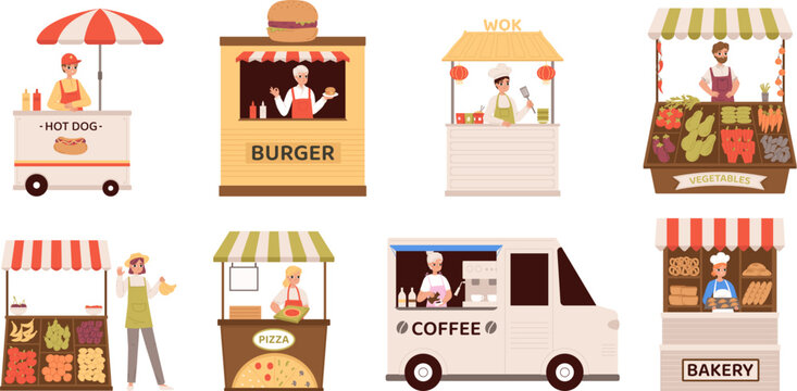 Cartoon Street Vendors, Seller Burger, Coffee And Hot Dog. Vendor Market, Fresh Farmers Fruits And Vegetables. Stall Bazaar Snugly Vector Set