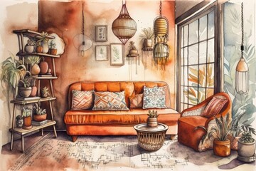 Bohemian watercolor interior. Hand drawn illustration. Generative AI