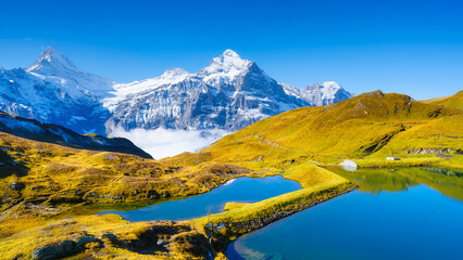 Bachalpsee, Grindelwald, Switzerland. Hiking and traveling in the mountains. Swiss classic...