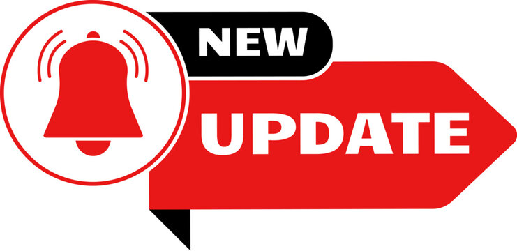 New update sticker. Now upgrade band icon. Banner for sale, web marketing notice. Important message with bell, information arrow decent vector sign