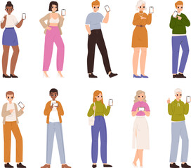 Obraz premium People show smartphone screen. Mobile happy men and women, young entrepreneur showing phone. Travel person, student and technology, snugly vector set