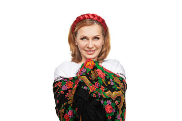 Beautiful adult Ukrainian women in national costume. Attractive Ukrainian woman wearing in traditional Ukrainian embroidery, isolated at white background.