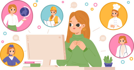 Girl choose profession. Student think about future work, school graduate and occupation choice. Cute young girl at computer, snugly teacher vector scene