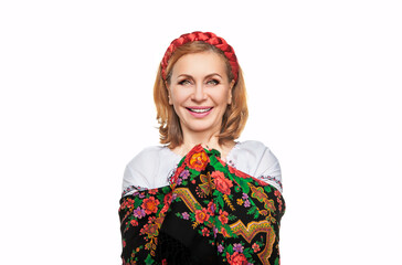 Beautiful adult Ukrainian women in national costume. Attractive Ukrainian woman wearing in traditional Ukrainian embroidery, isolated at white background.