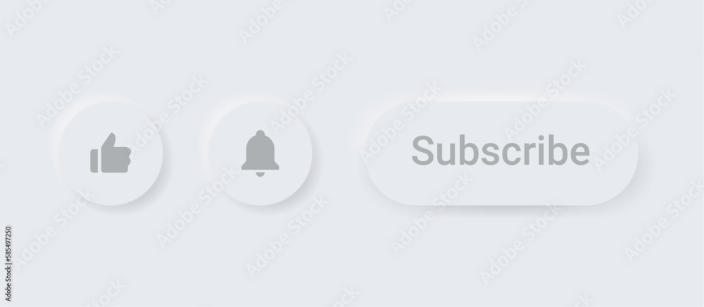 Fototapete subscribe button with like icon, thumb up icon and notification bell icon. 3d vector buttons neumorphic ui ux design elements. square with dark, light shadows on white background for apps and website