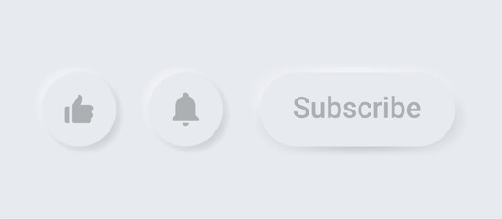 subscribe button with like icon, thumb up icon and notification bell icon. 3d vector buttons neumorphic ui ux design elements. square with dark, light shadows on white background for apps and website