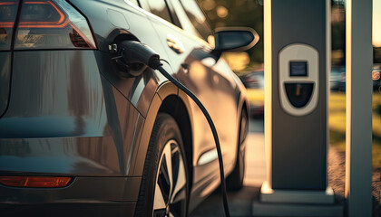 Fototapeta premium Electric car charging battery at EV charger station. Green energy power. Generative AI.