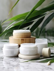 Blank skin care jars for mockup with a plant in the background Generative AI
