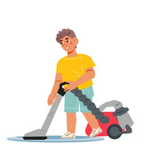 Kid helps with housework and household chores at home. Child does housework and vacuums the floor, flat cartoon vector illustration isolated on white background.