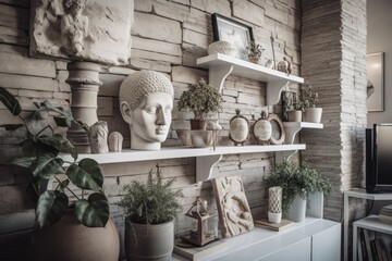 Apartment wall décor and white shelving. Close up of niches in scandinavian house dcor. Dry plant vase decor. Generative AI