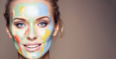 Beautiful woman face with healthy clean slon spa concept cosmetic skin care, Face peeling mask, spa beauty treatment, skincare. Woman getting facial care , Generative AI - obrazy, fototapety, plakaty