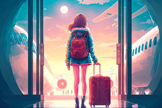Journey abroad on vacation girl walking around airport with travel suitcase, created with generative ai