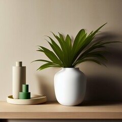 Modern white vase with green plant, wooden plate on stone counter table with space in sunlight, leaf shadow on beige stucco cement wall for interior design decoration