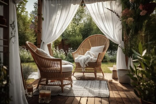 Outdoor wicker garden arbour. White curtains on wicker armchairs. Modern wooden summer home with nobody outside. Generative AI