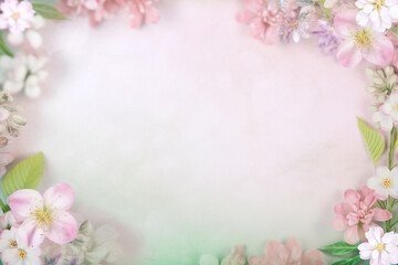 Enchanting Floral Frame with Soft Pink and White Flowers Against a Pastel Flowery Background for a Fairy Tale Style Effect
