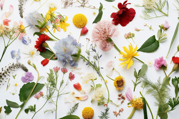 A Midsummer Table Topped with Lots of Different Types of Flowers, Herbs, Blossoms and Plants in a Colorful Wildflower Display