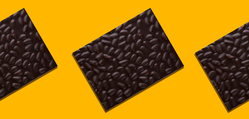 Dark chocolate almond bars against yellow background and Pattern