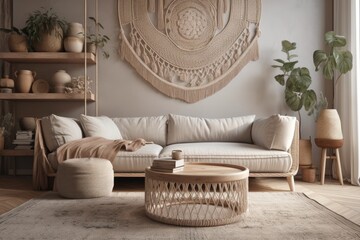 Modern beige living room with macrame sofa and wicker circular mat. Cottage interior. Generative AI
