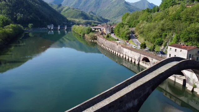Aerial view with drone on the devil's bridge in a spring day. Borgo a Mozzano, Lucca, Tuscany, Devil's Bridge