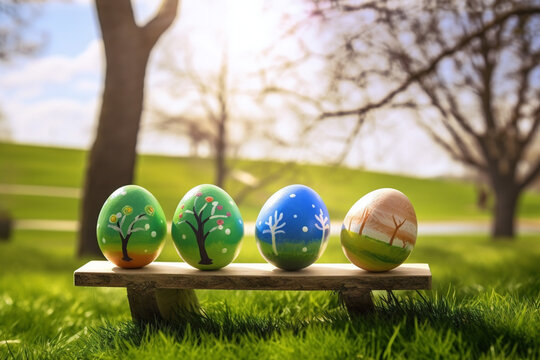 A Row of Painted Easter Eggs Sitting on Top of a Wooden Bench on a Sunny Spring Day