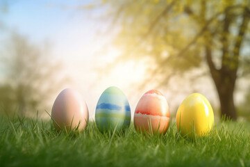 Group of Colorful Easter Eggs  on a Sunny Day, in the Sun During the Spring Season