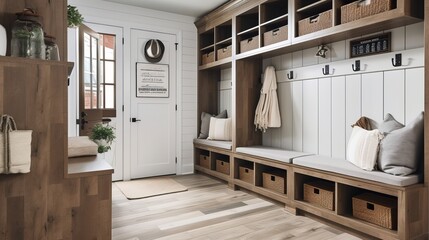 Rustic Chic Mudroom Oasis: A Spacious and Organized Entryway Solution
