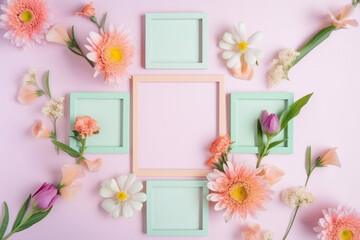 Picture Frame Surrounded by Flowers on a Soft Yet Vibrant Pastel Color Palette Background