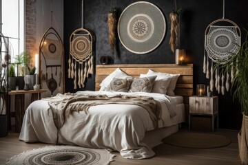 Elegant room with dream catcher over bed. Generative AI