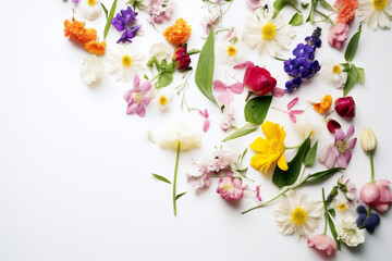 A Vibrant Tableau of Colorful Flowers: An Enchanting View of a White Table Topped with an Abundance of Blooms, Herbs and Stems Against a Bed of Spring Flowers