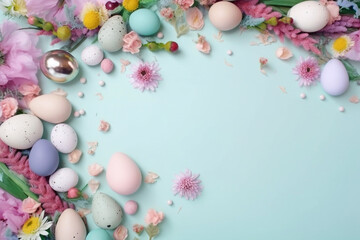Colorful Easter Eggs and Flowers on a Blue Background: A Mixed Art Pastel Hues Flatlay with Lots of Colorized Spring Vibes!