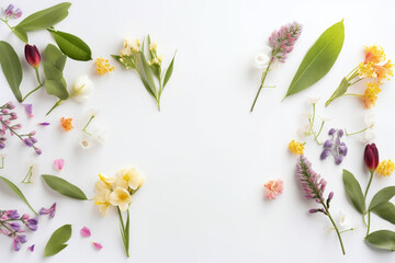 A White Tabletop Abundant with Colorful Flowers and Plants Creating a Beautiful Botanical Background.