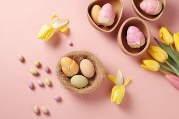 Easter Eggs and Yellow Tulips on a Pink Marzipan Surface Covered with Candy Decorations in Pastel Colors.