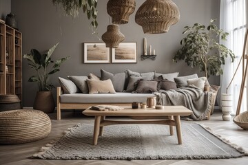 Gray couch, wooden coffee table, cushions, blankets, rattan lamp, macrame, flowers, basket, and stylish decorations in living room. Interior design. Template. Generative AI