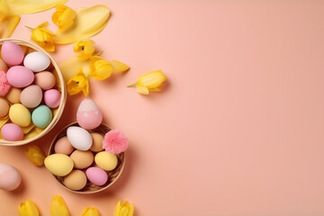 Fototapeta na wymiar Easter Eggs and Daffodils on a Pink Background - A Beautiful Mixed Art Composition with Pink and Yellow Flowers, Orange Colors, and Candy Decorations.